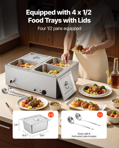 VEVOR Commercial Food Warmer, 1500W Electric Stainless Steel Steam Food Warmer with Lid, 4-Pan Fast Heating Countertop Buffet Bain Marie with Soup & Perforated Ladles, for Catering, Restaurant, Party