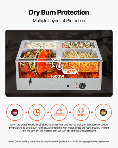 VEVOR Commercial Food Warmer, 1500W Electric Stainless Steel Steam Food Warmer with Lid, 4-Pan Fast Heating Countertop Buffet Bain Marie with Soup & Perforated Ladles, for Catering, Restaurant, Party