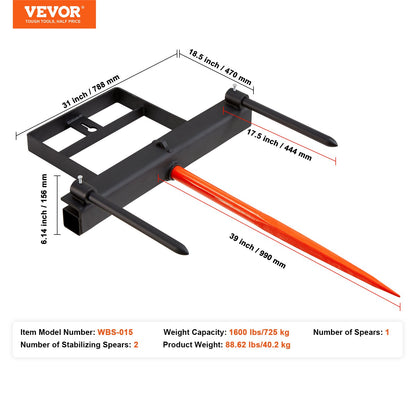 VEVOR 39" Hay Spear, Bale Spears 726kg Loading Capacity, Skid Steer Loader Tractor Bucket Attachment with 2pcs 17.5" Stabilizer Spears and 60" Chain, Quick Attach Spike Forks