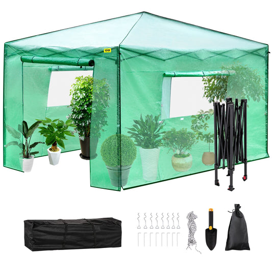 VEVOR 12\'x 8\'x 8\' Pop-Up Greenhouse, Set Up in Minutes, Portable Greenhouse with Doors & Windows. High Strength PE Cover & Powder-Coated Steel Construction