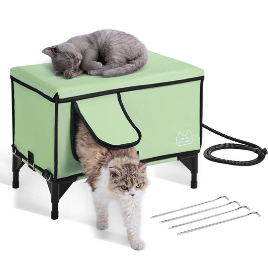 VEVOR Elevated Heated Cat House, Cuboid Kitty Shelter with Adjustable Temperature and Timer, 900D Oxford Cloth Foldable Cat Shelter with Heated Pad  for Winter to Stay Warm and Cozy, Green (Large)
