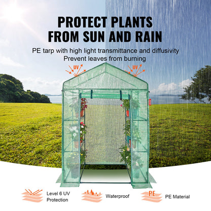 VEVOR Walk-in Green House, 4.6 x 2.4 x  6.7 ft  Greenhouse with Shelves, Set Up in Minutes, High Strength PE Cover with Doors & Windows and Steel Frame, Suitable for Planting and Storage, Green