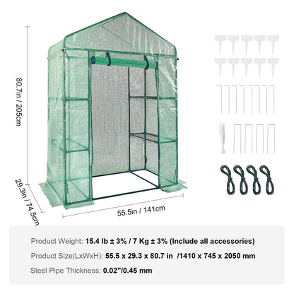 VEVOR Walk-in Green House, 4.6 x 2.4 x  6.7 ft  Greenhouse with Shelves, Set Up in Minutes, High Strength PE Cover with Doors & Windows and Steel Frame, Suitable for Planting and Storage, Green