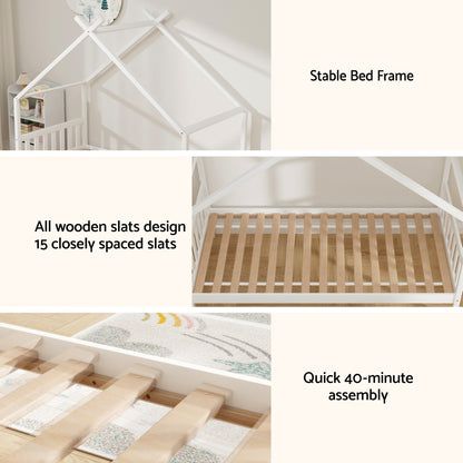Artiss Bed Frame Wooden Base Kids Single Timber House  with 2 Storage Drawers Beds White